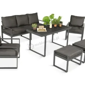 Grafitowe meble do ogrodu dla 7 osób - sofa 175cm, 2 fotele i 2 pufy - Panaon Dining DG Darmowy zwrot