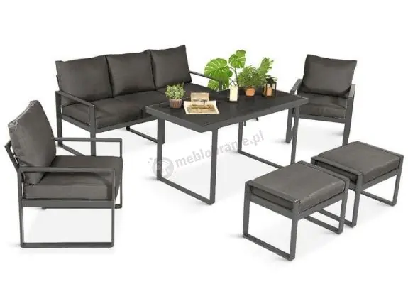 Grafitowe meble do ogrodu dla 7 osób - sofa 175cm, 2 fotele i 2 pufy - Panaon Dining DG Darmowy zwrot
