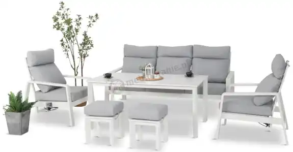 Aluminiowy komplet białych mebli na taras z regulowanymi fotelami, sofą i stołem obiadowym - Renalo Dining Relax White Rabat