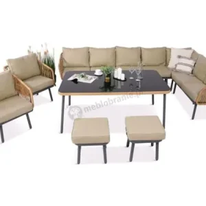Duży nowoczesny kremowy narożnik tarasowy z wysokim stołem, fotelami i pufami Postigo Corner XXL Nature Oferta czasowa