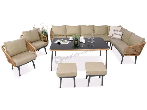 Duży nowoczesny kremowy narożnik tarasowy z wysokim stołem, fotelami i pufami Postigo Corner XXL Nature Oferta czasowa