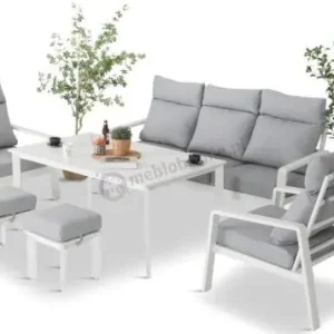 Tylko do końca tygodnia Nowoczesny zestaw białych mebli ogrodowych - sofa 202cm, stół obiadowy, fotele i pufy - Renalo Dining White