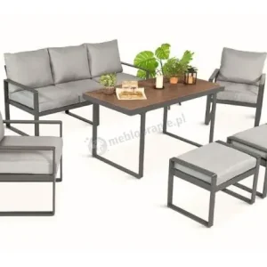 Cena promocyjna Komplet mebli metalowych do ogrodu dla 7 osób ze stołem obiadowym - Panaon Dining Light Grey