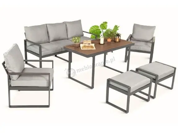 Cena promocyjna Komplet mebli metalowych do ogrodu dla 7 osób ze stołem obiadowym - Panaon Dining Light Grey