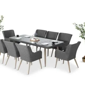Szary zestaw mebli obiadowych dla 8 osób ze stołem 220cm Tonitto Dining 8+1 Łatwy zwrot