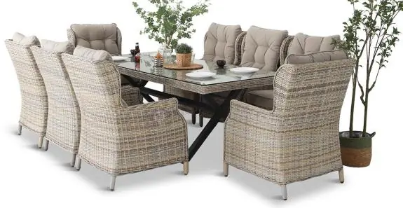 Nowy Technorattanowe meble obiadowe - stół z nogą X + 8 foteli - Laritto Beige