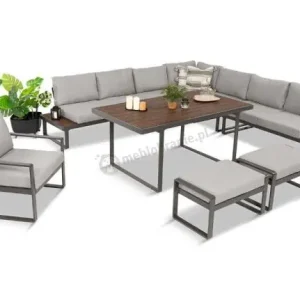Łatwy zwrot Metalowy narożnik na taras z dużym, wysokim stołem 160cm i fotelem - Panaon Corner XXL - Light Grey