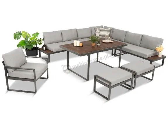 Łatwy zwrot Metalowy narożnik na taras z dużym, wysokim stołem 160cm i fotelem - Panaon Corner XXL - Light Grey