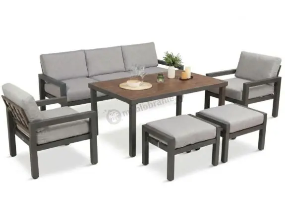 Bezpieczne zakupy Aluminiowe meble na taras z pufami i stołem obiadowym 160 cm Calamba Dining - Light Grey