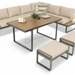 Beżowy narożnik wypoczynkowy ze stołem obiadowym na taras Panaon Corner XL Light Beige Teak Zniżka