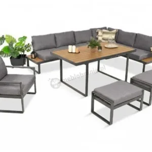 Metalowy narożnik ogrodowy 280x220cm ze stołem obiadowym i fotelem Panaon Grey Teak Niska cena