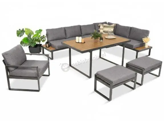Metalowy narożnik ogrodowy 280x220cm ze stołem obiadowym i fotelem Panaon Grey Teak Niska cena