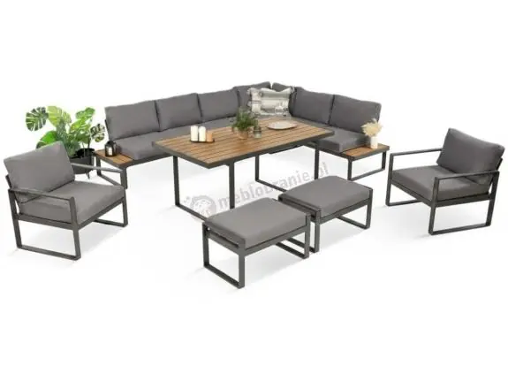 Modułowe meble obiadowe z narożnikiem z ławą i dwoma fotelami Panaon Grey Teak Oferta