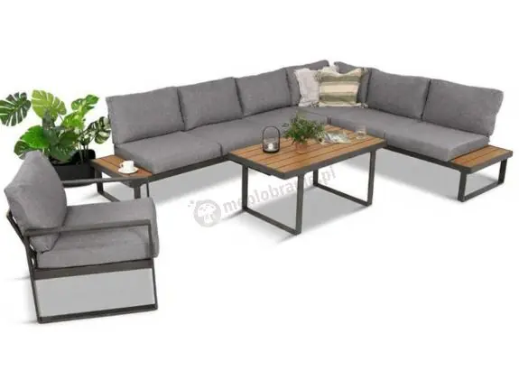 Metalowy narożnik ogrodowy 280x220cm z ławą i fotelem Panaon Grey Teak Szybka wysyłka