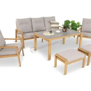 Nie przegap Komplet mebli na taras z sofą, dwoma fotelami i pufami - imitacja drewna - Tavaro Dining Wood