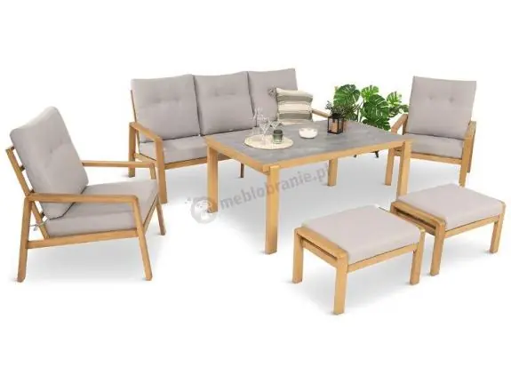 Nie przegap Komplet mebli na taras z sofą, dwoma fotelami i pufami - imitacja drewna - Tavaro Dining Wood